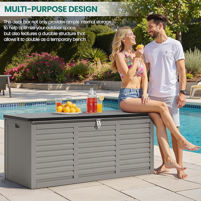 130 Gallon Outdoor Deck Box, Waterproof Resin Box with Lockable Lid, UV-Resistant for Cushions, Garden Tools & Pool Accessories (GRAY), Patio Furniture