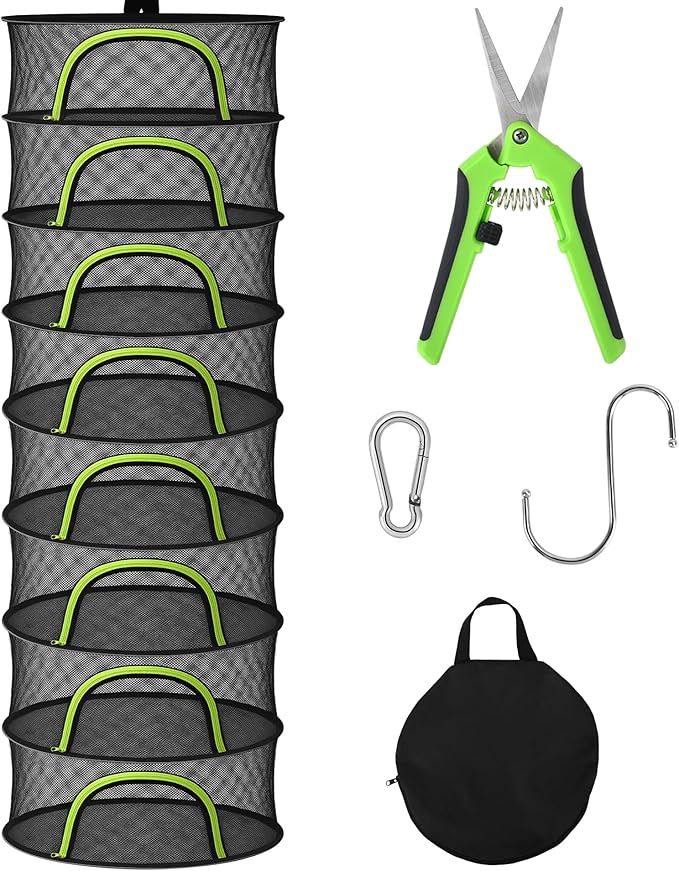 Herb Drying Rack Hanging Mesh 8 Layer 24" with Zipper, Garden Pruning Shear, Hook & Carabiner Clip for Drying Herbs, Plants, Seeds, Buds | Hydroponics & Grow Tents Herb Dryer Hanging Rack