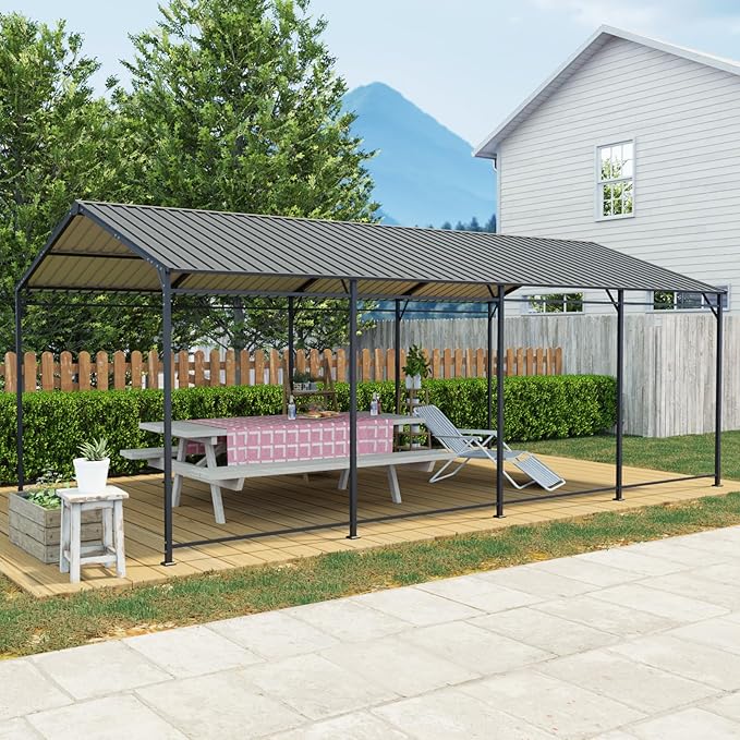Carport, Heavy Duty Carport with Galvanized Steel Roof and Frame, Metal Large Garage with 4 Fixed Inclined Square Tube Supports (12 * 21 FT)