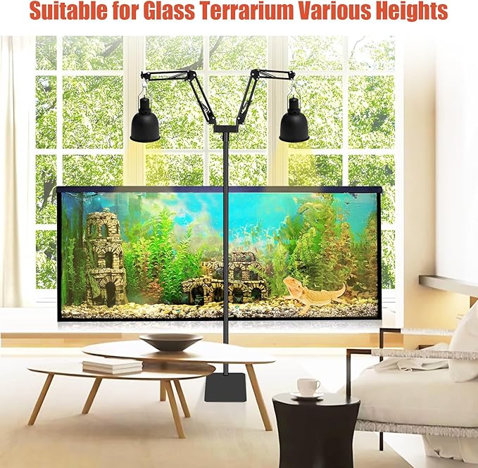 Dual Reptile Lamp Stand - Adjustable Height (15.7in to 74.3in) Metal Light Holder with 2 x 360° Adjustable Arms for Hanging Heat Lamp Fixture Dome Lampshades in Tank and Glass Terrarium