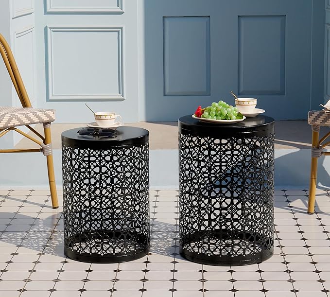HFHOME Set of 3 Metal Side End Tables Nightstand, Nesting Round Coffee Table for Indoor Outdoor, Heavy Duty Metal Plant Stand Living Room Garden Stool - Black
