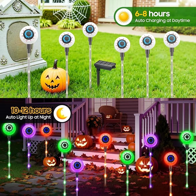 2025 Upgraded 12 Pack Halloween Solar Eyeball Lights Outdoor Decorations: 8 Modes Multicolor Waterproof Halloween Pathway Lights, Orange Purple Green Colorful LED Scary Light for Garden, Yard Decor