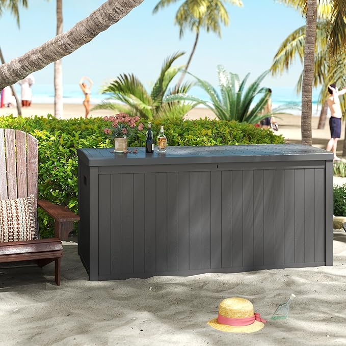 120 Gallon Resin Deck Box, Weatherproof Outdoor Storage Box for Patio, Garden, Pool, and Yard, Lockable Waterproof Bin for Tools, Cushions, and Accessories, Grey