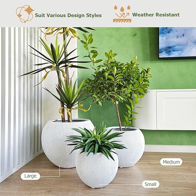 12.8"H x 16"D Globo Fiberstone Round Planter with Drainage Hole, Weather Resistant, Ribbed Finish, Planters for Indoor Plants & Outdoor, 2 Extra Coco Mats (Speckled White, 10.7" Pot Opening)