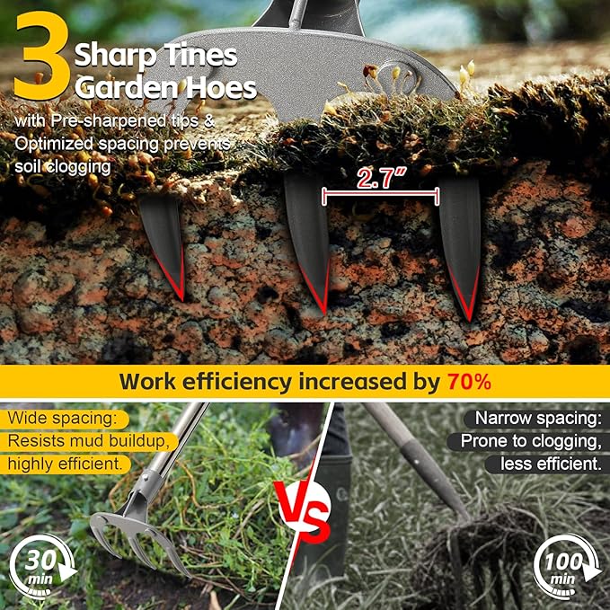 Hand Rake Long Handle - 74" Cultivator Weeding Rakes for Lifts Out Deep-Rooted Grass, 3-Tine Claw Rakes Heavy Duty Carbon Steel with D Grip for Digging Potato,Carrots,Loosens Soil