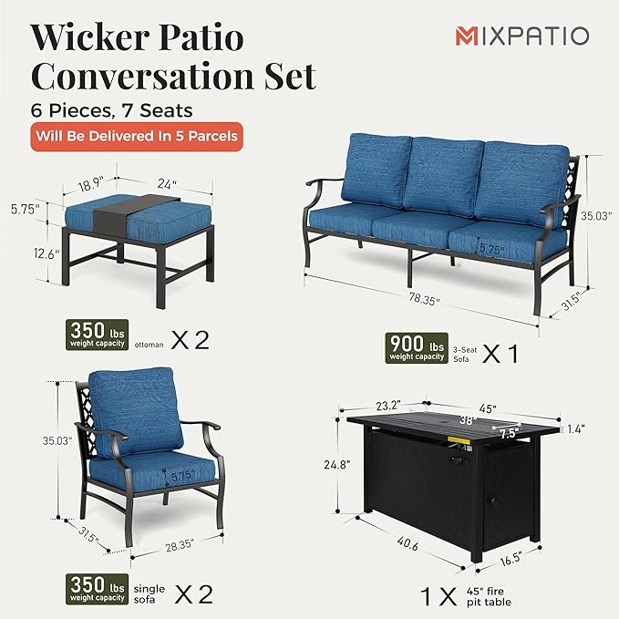 Patio Furniture Set, 6 Pcs Metal Outdoor Conversation Set, 2 Single Chairs, 2 Ottomans and 3 Seater Sofa with 5.75" Extra Thick Cushion and Gas Fire Pit Table, Gemstone Blue