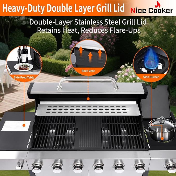 6-Burner Propane Gas BBQ Grill with Side Burner - 65850 BTU Total Output Stainless Steel Grills with Enameled Cast Iron Grill for Outdoor Backyard Barbecue, 620 SQ. IN. Cooking Area