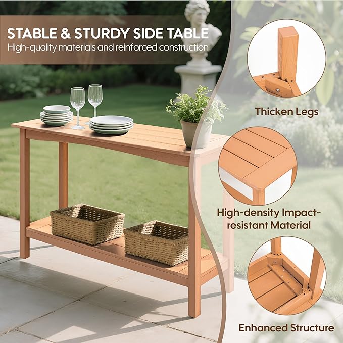 Outdoor Console Table, 48'' 2-Shelf SideTable Indoor/Outdoor Use, Multifunctional Buffet Table Bar Storage Organizer for Entryway,Yard, Weatherproof HIPS Patio Plant Stand Table, Brown