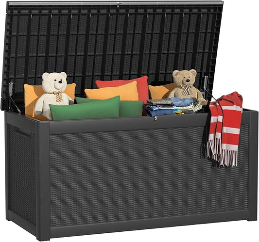 260 Gallon Outdoor Storage Box Waterproof, UV Resistant Resin Deck Box with Hydraulic Rod, Reinforced Stability for Patio, Garden, Rattan Black
