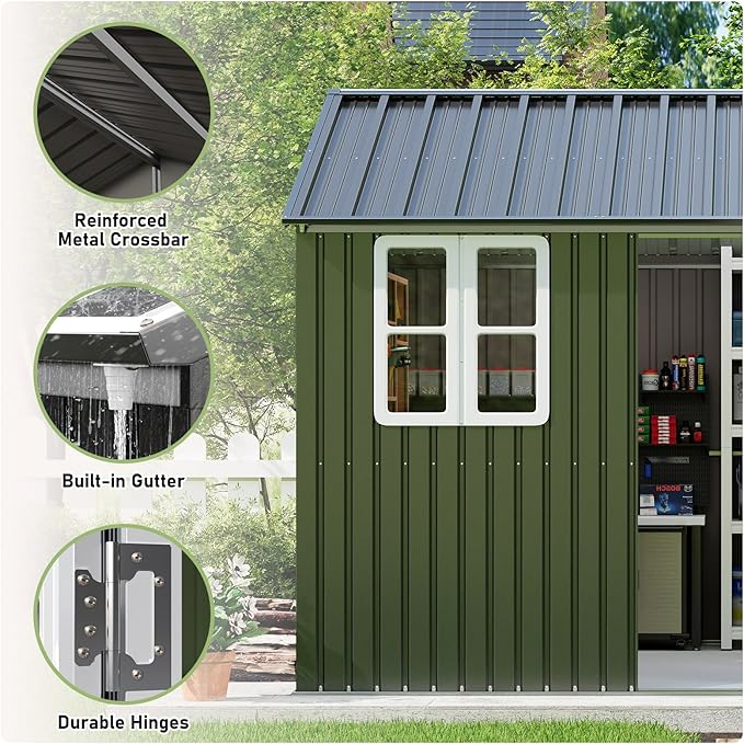 Vanacc 12x10.3x8.1 FT Galvanized Steel Outdoor Storage Shed with a Lockable Hinged Door and 2 Windows, Metal shed for Garden, Backyard, Dark Grey/White