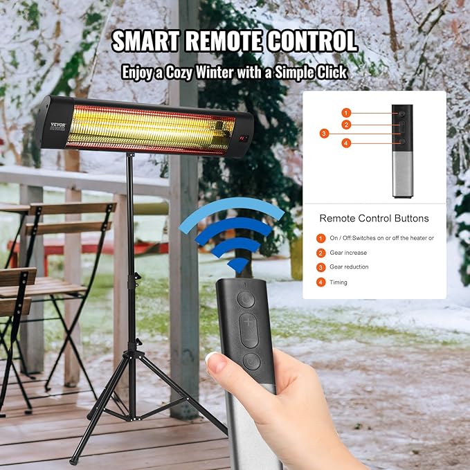 VEVOR Infrared Heater, 1500W Remote Control Electric Space Heater, LED Screen Patio Heater w/ 3 Speeds & Timer, Outdoor/Outdoor for Porch,Dining Room,Studio, with Stand & Mount to Ceiling/Wall,34in L