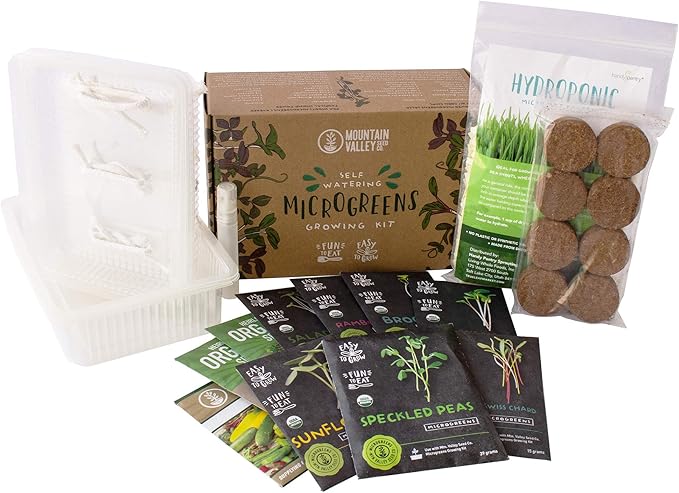 Self Watering Indoor Microgreens Kit - Soil and Hydroponic Combo Pack - Complete Microgreens Growing Kit for Vegetable Seeds & Herb Seeds - Broccoli Seeds, Radish, Chard Seeds, Cilantro Seeds, & More