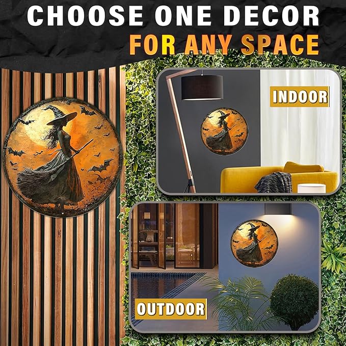 PEACHGARDEN Round 2D Halloween Witch Vintage Sign Halloween Witch Broom Metal Tin Sign for Home Bar Kitchen Hotel Dining Room Coffee 8x8inch