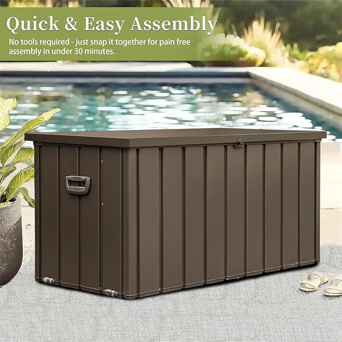 CHUNLY Metal Deck Box, 200 Gallon Outdoor Waterproof Storage Box w/Lockable Lids, Outside Bench w/Mobility Rollers, Patio Storage Bin for Furniture Cushions, Pool Supplies & Garden Tools (Dark Brown)