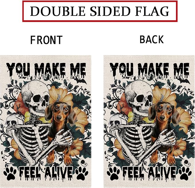 Halloween Garden Flag Skeleton and His Dachshund Vertical Double Sided Flags for Holiday Farmhouse Patio Yard Outdoor Party Decor Decorations Gifts - 12.5 x 18 Inch