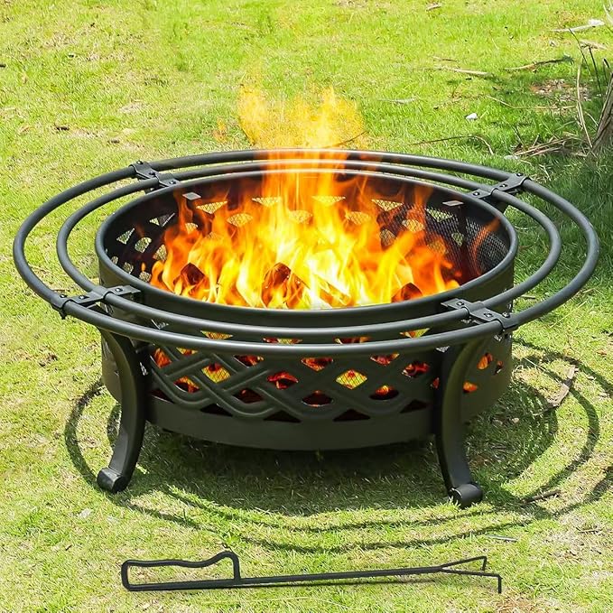 42 Inch Outdoor Fire Pit with 2 Loops,Crossweave Wood Burning Fire Pits for Outside,with Spark Screen,Fire Poker,Round Metal Firepit for Patio,Backyard,Beach,Camping,Bonfire(42''Black)