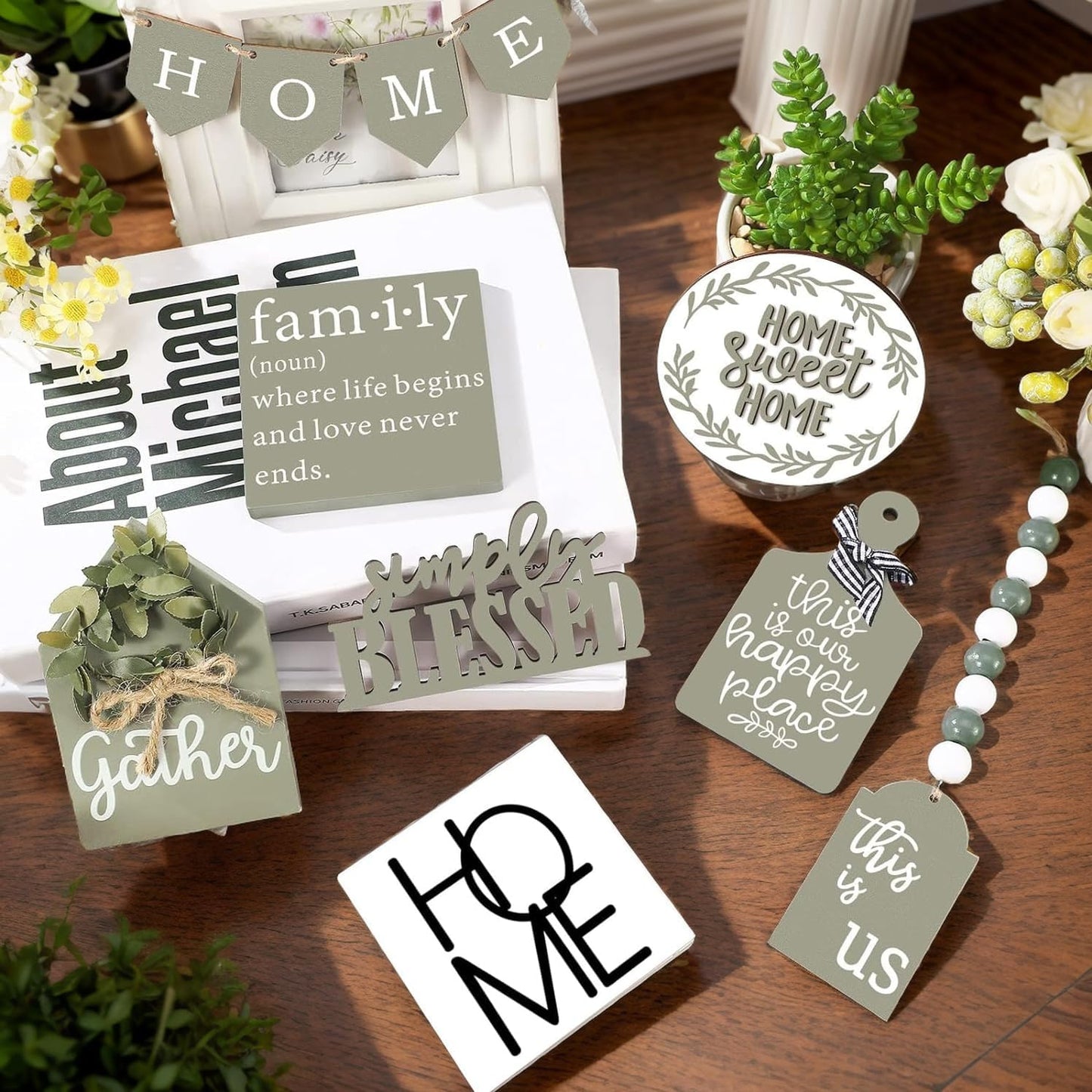 11PCS Farmhouse Tiered Tray Decor Set – Rustic Wooden Mini Signs and Decorations for Home and Kitchen Display (Tiered Tray Not Included)