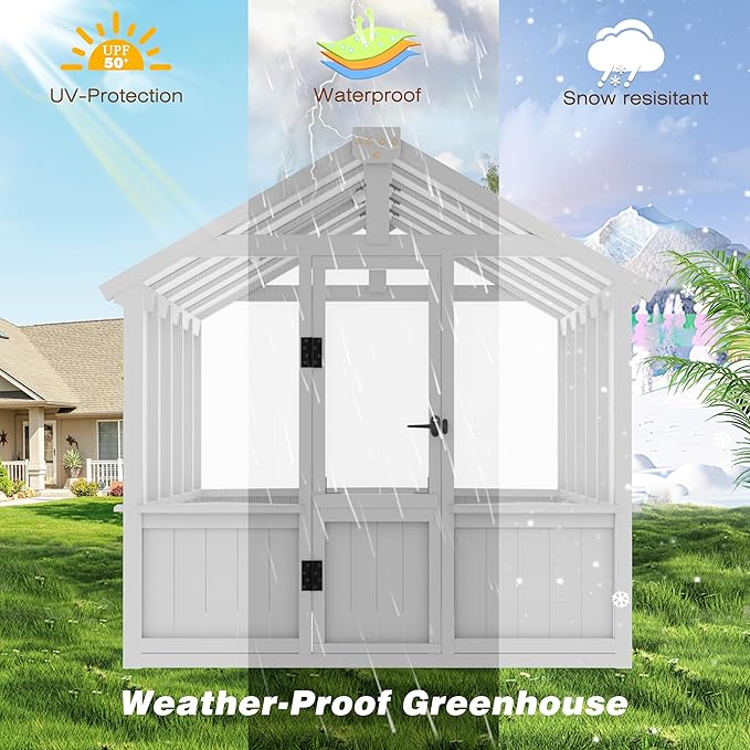 6x10 FT Green House for Outdoor, Thicken Polycarbonate Panel Wooden Walk-in Greenhouse Kit with Lockable Door and Adjustable Roof Vent, Backyard Garden, White