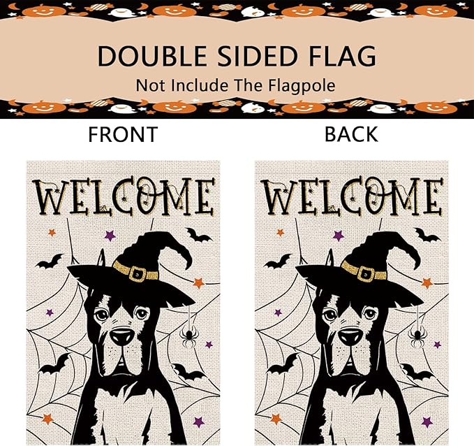Halloween Garden Flag Great Dane Cobweb Bats Double Sided Vertical Welcome Flag Seasonal Holiday Outdoor Yard Lawn Party Decorations 12.5 x 18 Inch
