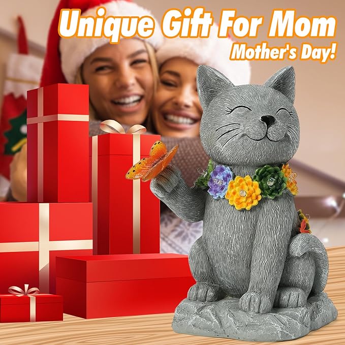 Solar Cat Garden Outdoor Statue - Yard Art with Succulents, 6 LED Lights and 1 Solar Butterfly Decorative Light, Ideal for Gardening Enthusiasts and Cat Lovers, Birthday Gift for Women