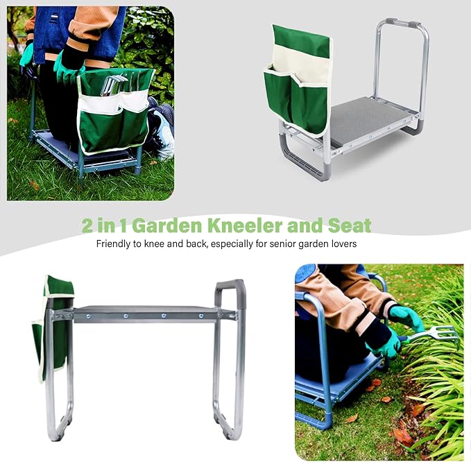 BESTHLS Garden Kneeler and Seat - Heavy Duty Folding Stool with Thick Pad, Tool Pouches & Bag, 330 lbs Capacity - Knee & Back Support, Perfect for Seniors, Women, Men