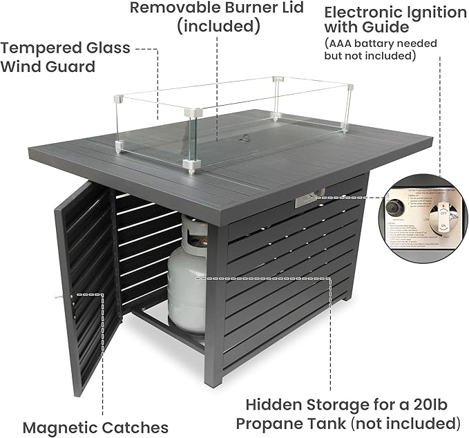 Rectangle Propane Fire Pit Table: 43'' Patio Gas Fire Table 50000 BTU - Rustproof Aluminum Tabletop Firepit Wind Guard Glass Beads - Outdoor Heating for Dining Party Garden Deck - Dark Gray