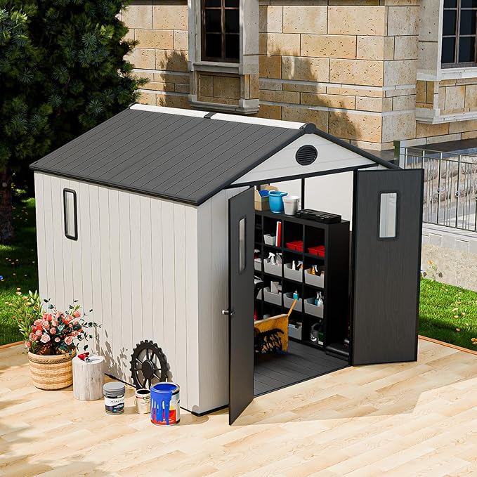COOS BAY Resin Outdoor Storage Shed with Lockable Double Doors, Heavy-Duty Floor, All-Weather Garden Shed for Tools & Equipment, 8x8 ft, White/Gray