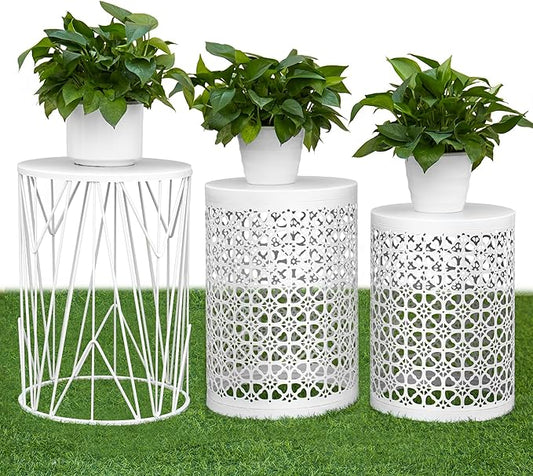 HFHOME Set of 3 Metal Side End Tables Nightstand, Nesting Round Coffee Table for Indoor Outdoor, Heavy Duty Metal Plant Stand Living Room Garden Stool - White
