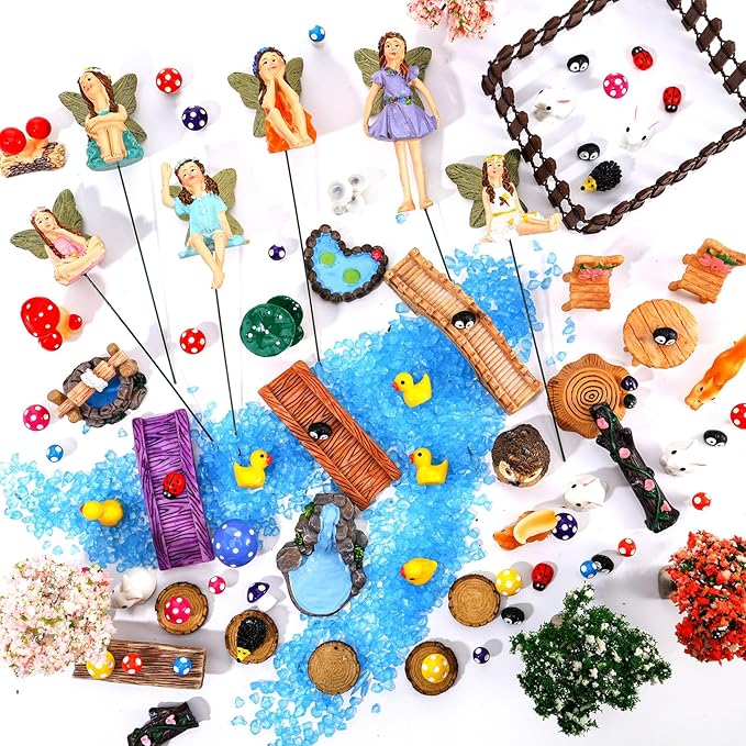100 Pcs Fairy Garden Accessories Miniatures Figures Kit Micro Landscape Terrarium Ornaments Resin Mushroom Animal Fake Pond Lawn Bridge Garden Dollhouse Decoration