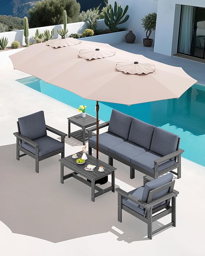 SERWALL HDPE Patio Furniture Set with 15FT Double Side Patio Umbrella, 7-piece Outdoor Modular Sectional Sofa Set, All Weather Patio Couch Set for Deck, Gray & Gray Cushion（Umbreall Base not Included）
