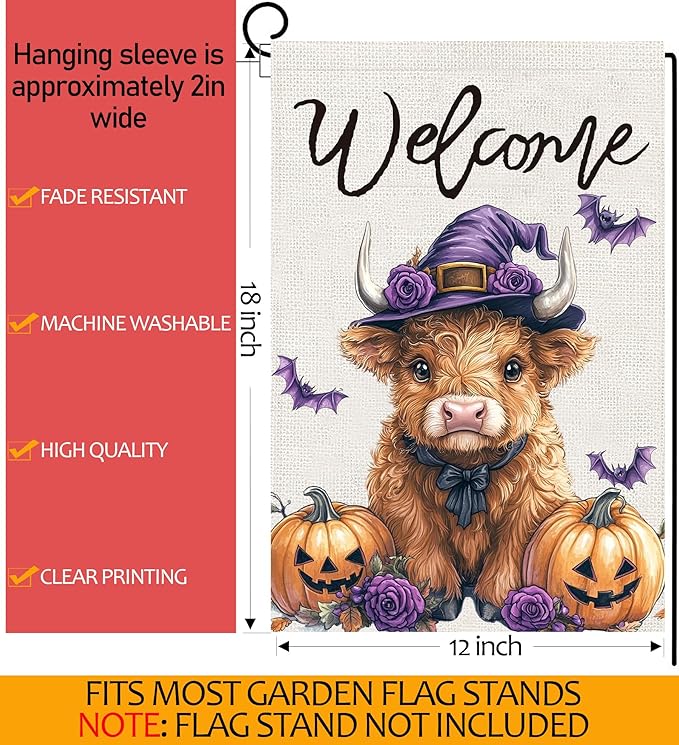 Halloween Highland Cow Garden Flags 12x18 Vertical Double Sided, Welcome Halloween Yard Flag for Outside, Holiday Seasonal Outdoor Decorations for Home