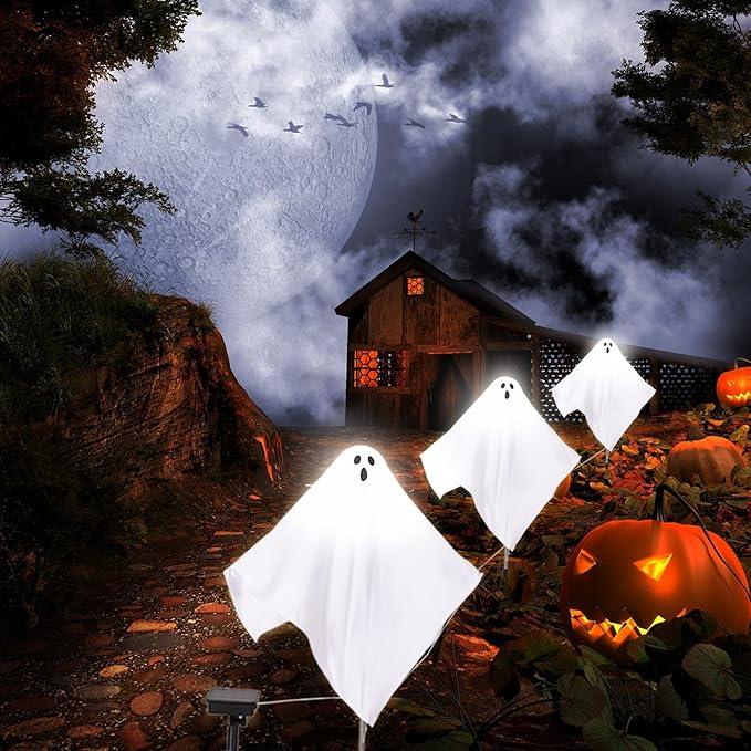 3Pack Halloween Solar Pathway Lights Ghost Stake Lights, Solar Powered Outdoor Decor for Yard, Lawn, Party & Halloween Decoration