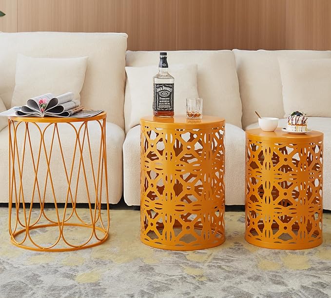 HFHOME Set of 3 Metal Outdoor Side Table, Nesting Round Coffee Table for Indoor Outdoor, Heavy Duty End Tables Plant Stand Living Room Garden Stool - Orange