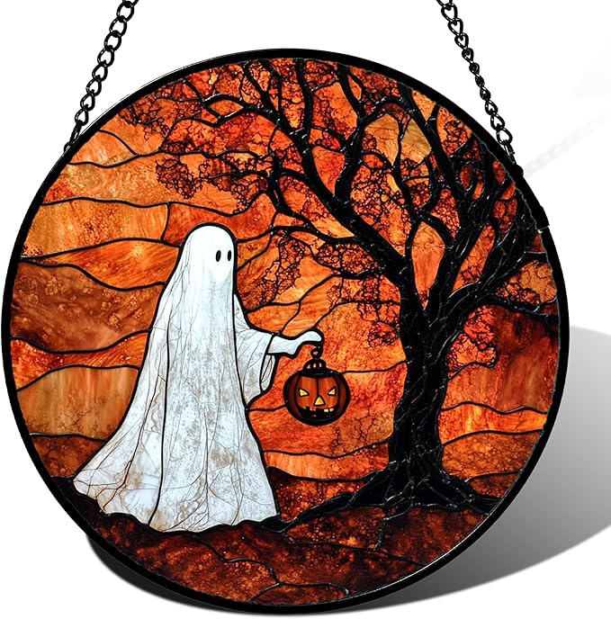 Stained Glass Window Hanging - Halloween Ghost Holding A Pumpkin Lantern Suncatcher for Door Garden Spooky Tree Sun Catchers Gothic Decorations Horror Gifts for Women Men Friend 9.8 in