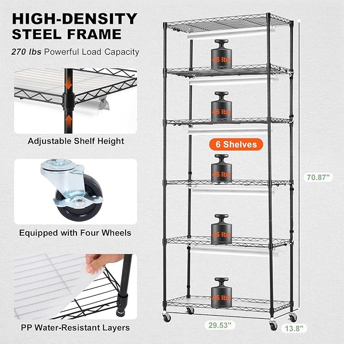 VEVOR DIY Plant Stand with Grow Light, 6-Tier Large Tall Plant Shelf with 192W 5000K Full Spectrum Grow Lights, Indoor Grow Light Shelf with Wheels for Seed Starting 29.5" L x 13.8" W x 70.9" H