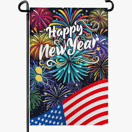 Happy New Year Garden Flag New Year Eve Yard Flags Double Sided American Flag Fireworks House Banner Balloon Holiday Celebration Party Garden Flags for Winter Festival Greetting 12x18 Inch