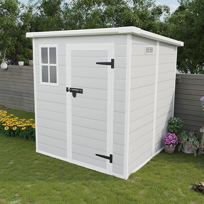 Resin Storage Shed 6x6ft Outdoor Storage Sheds with Floor & Window, Lockable Doors and Vents, Small Tool Shed with Sloped Roof, Sheds for Backyard, Garden, Patio, Lawn (Light Grey, 6 * 6ft)
