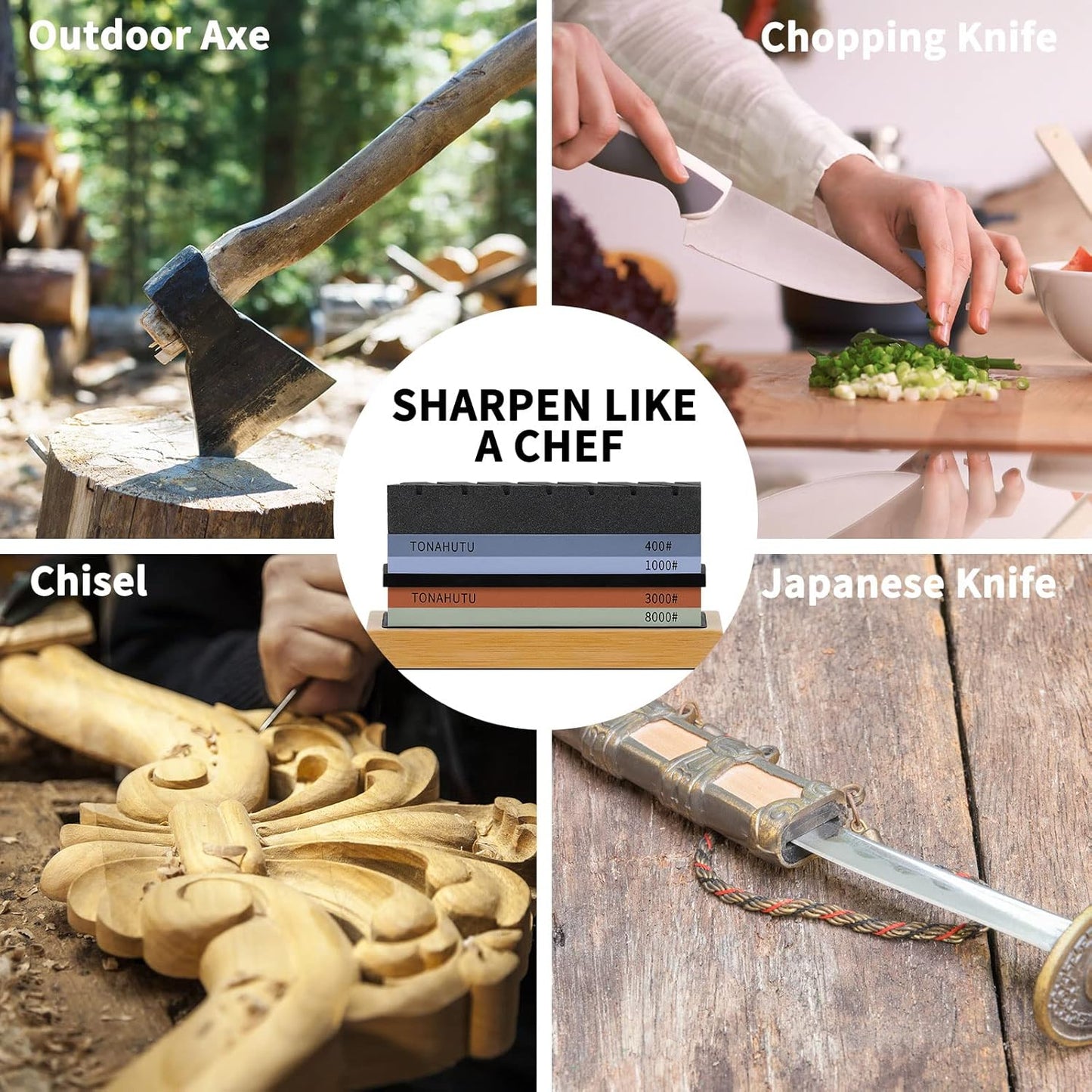 Knife Sharpening Stone Set, Professional 4 Side Grit 400/1000 3000/8000 Premium Whetstone Knife Sharpener with 150/320 Flattening Stones, Leather Strop, Polishing Combination & Angle Guide