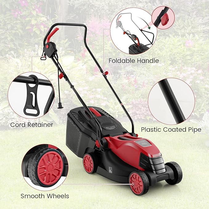 Goplus Lawn Mower, Electric Lawn Mowers with Grass Collection Box, 12 AMP Motor, 14" Cutting Deck, 3 Adjustable Cutting Positions, Walk-Behind Small Corded Lawnmower for Garden Farm Yard