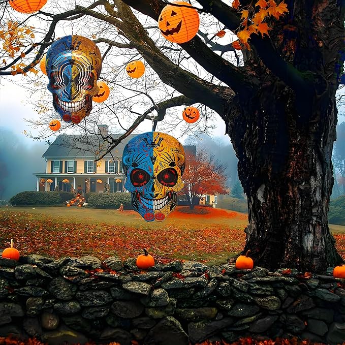 12 inch Halloween Decoration Skull Wind Spinner - 3D Metal Garden Spinner, Mandala Kinetic Art Outdoor Decor -Handcrafted Hanging Ornament for Outdoor,Patio, Yard，Garden