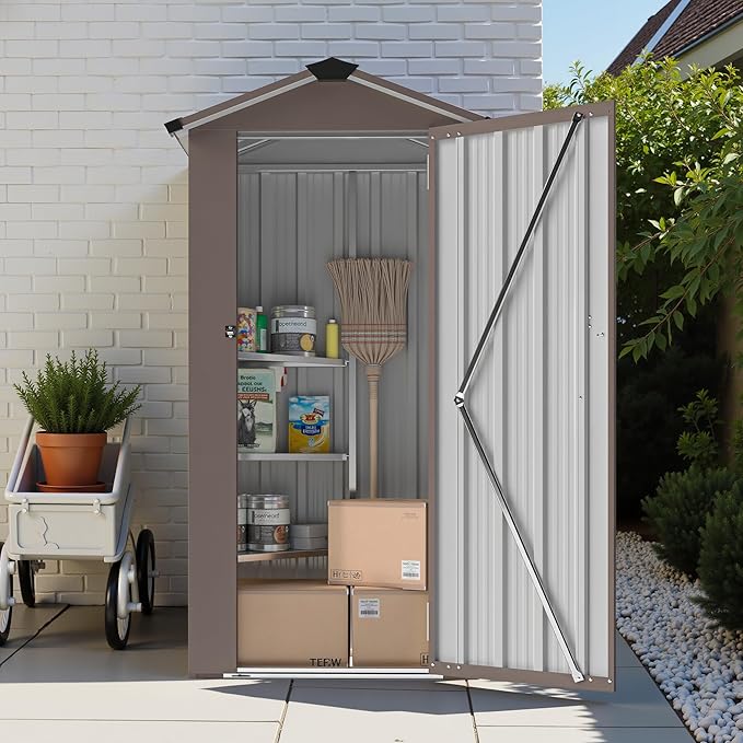 2.5x1.4 FT Outdoor Storage Shed, Metal Tool Shed with Lockable Doors & Peaked Roof, Galvanized Steel Garden Shed for Backyard Garden Patio Lawn, Brown
