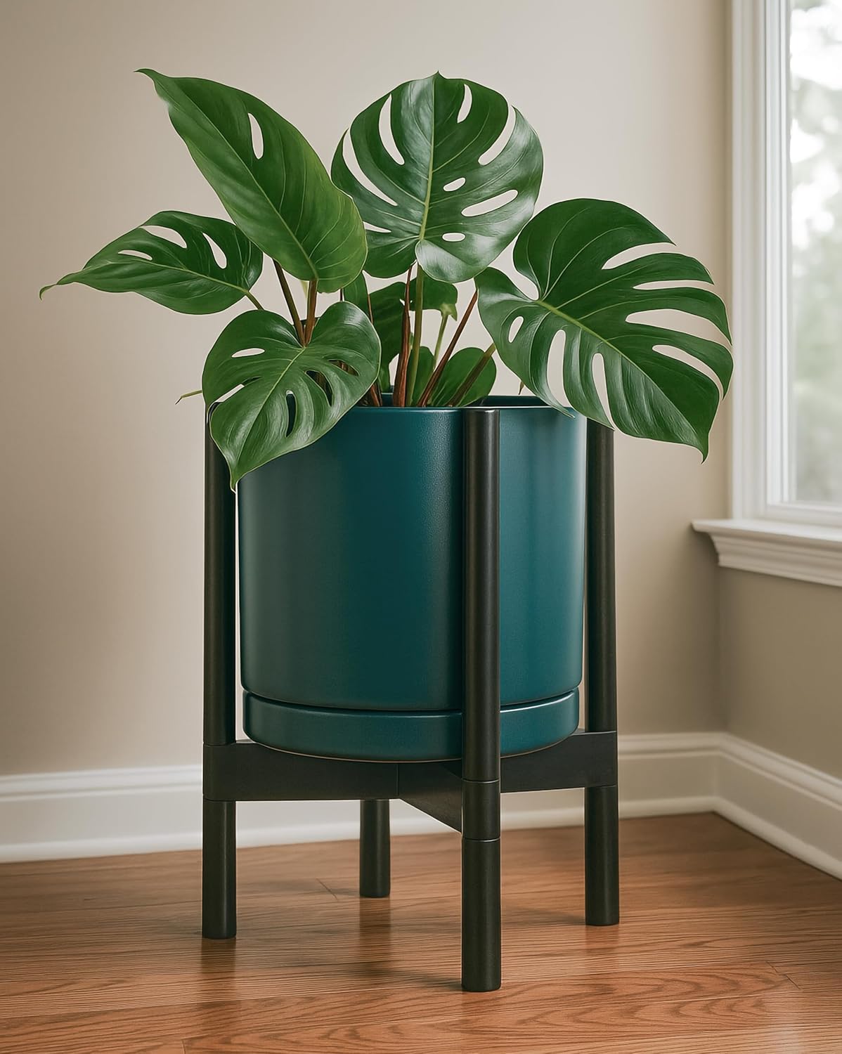 D'vine Dev Ceramic Planter with Ebony Stand - 12 Inch Modern Round Flower Pot with Wood Planter Holder, Teal, 55-B-H-4