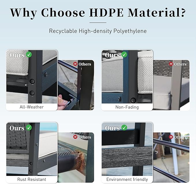 7 Piece HDPE Outdoor Dining Set for 6, 64” All Weather Wood-grain Dining Table, 6 Wicker Rattan Chairs with 3.2” Waterproof Cushion, Patio Table and Chairs Set for Backyard and Deck, Black