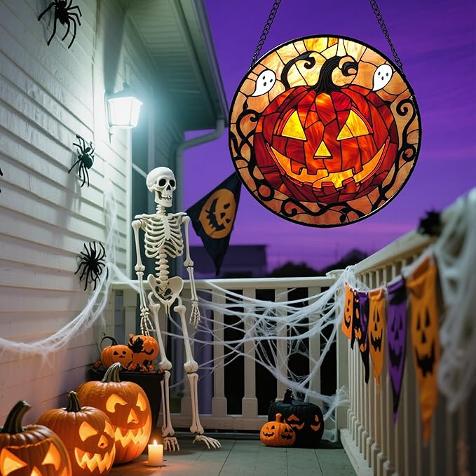 Stained Glass Window Hanging - Halloween Decorations Evil Pumpkin Orange Suncatcher for Doors Garden Indoor Funny Spooky Sun Catchers Gothic Decor Horror Gifts for Women Men Friend 6.3 in