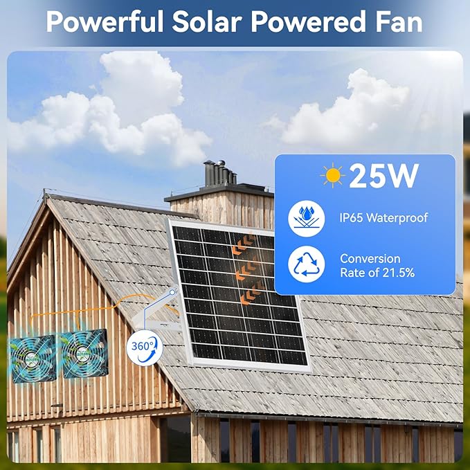 Solar Fans for Outside, 19.6 Ft Total Cable, IP68 Waterproof, 25W 18V Solar Powered Exhaust Fan Kit, 4.7 Inch Chicken Coop Fan Waterproof Fans for Chicken Coops, Greenhouses, and Shed