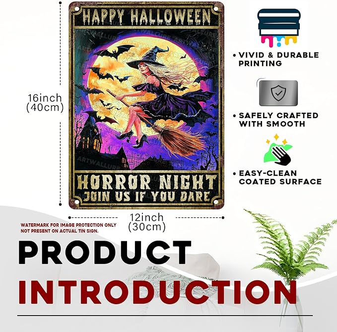 Halloween Spooky Witch Vintage Sign Witchy Bat Halloween Metal Tin Sign for Home Bar Kitchen Hotel Dining Room Coffee 12x16inch
