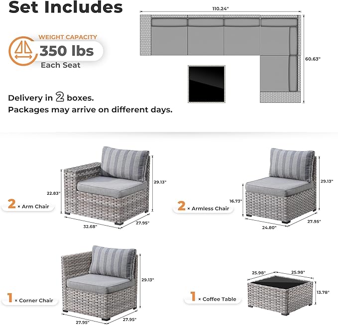 ovios 6 Pieces Patio Furniture Set, Outdoor Wicker Sectional Sofa with Glass Table Comfy Cushions, Modern Modular Deep Seat Couch Rattan Conversation Set, Dark Gray Stripe
