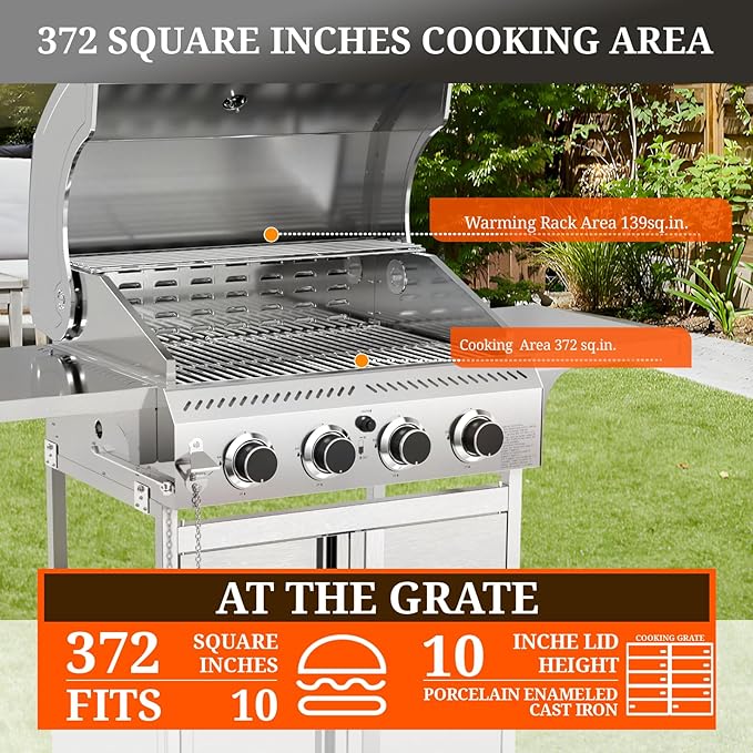 R.W. FLAME Propane Gas Grill Barbecue Grill, 4 Wheels, 4 Burner Cart Style Liquid BBQ Grill, Metal Cooking Grill