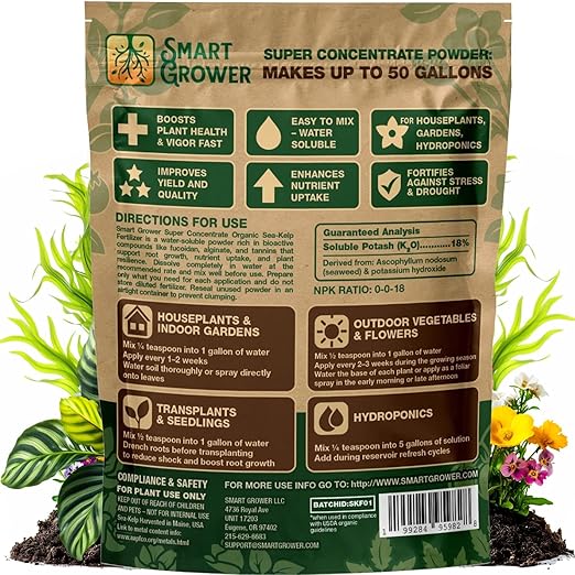 Organic Sea Kelp Fertilizer for Plants – Water-Soluble – Makes 50 Gallons – Kelp Meal Concentrate Plant Food – for Indoor Gardens, Hydroponics, Vegetables, Houseplants - Smart Grower - 2oz Bag