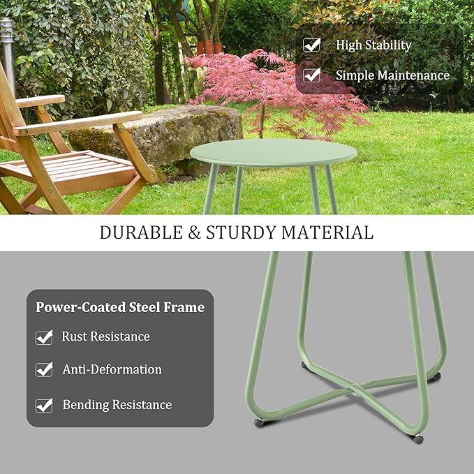 Bean Green Patio Side Table, 18" Weatherproof Steel Outdoor Indoor Side Table for Garden, Balcony, Pool & Tailgate, Rust-Resistant Lightweight Portable Patio End Table